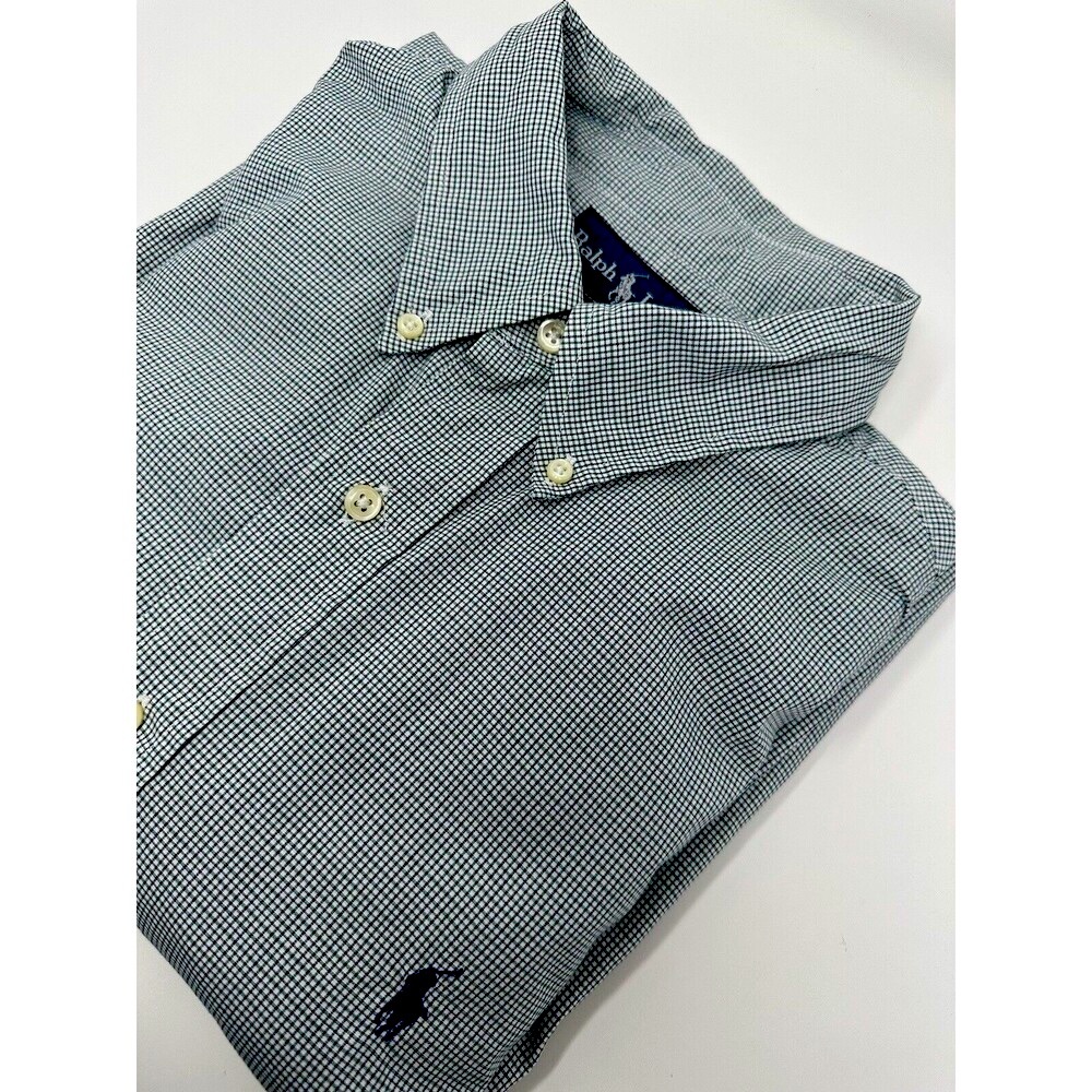 Ralph Lauren Dress Shirt Mens 16.5   Gingham Plaid Custom Fit  Cotton Button Blu